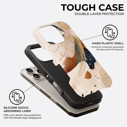 Beige and gold abstract brush tough phone case showing double-layer protection with hard plastic shell and silicone shock absorbing liner