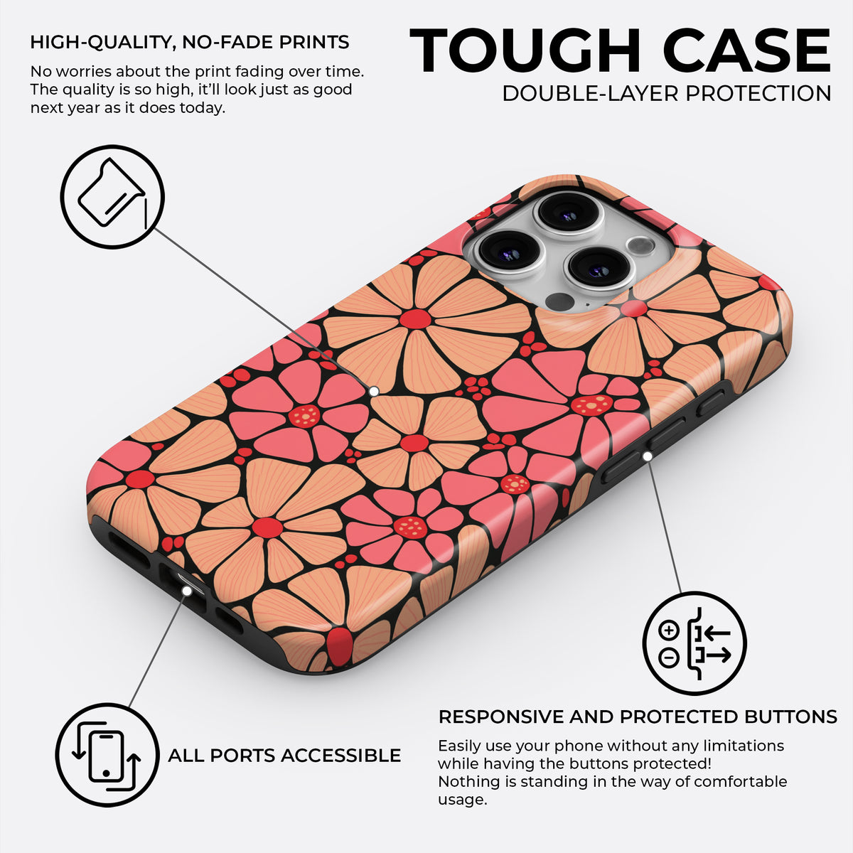 Coral and peach mosaic floral phone case with artistic flower pattern, tough double-layer protection with responsive buttons and no-fade print by Casiden