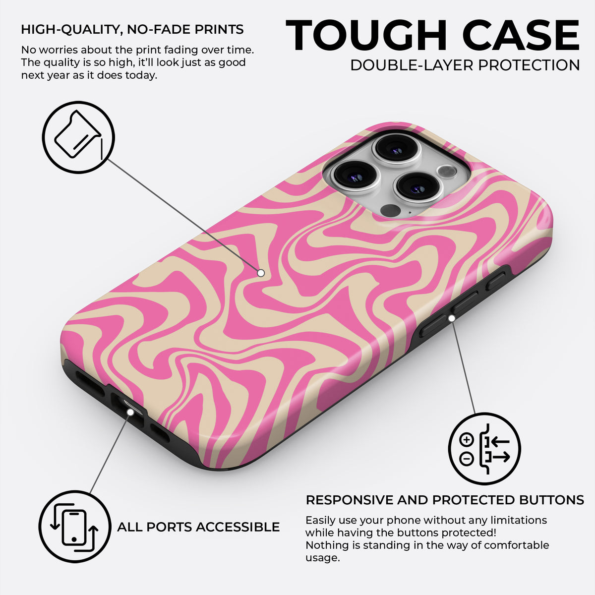 Pink wavy abstract tough phone case with double-layer protection for iPhone, durable no-fade print design by HaloCovers