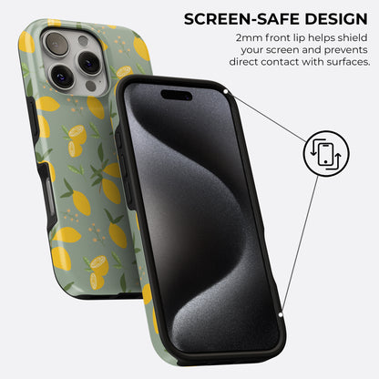 Lemon pattern tough phone case with 2mm raised lip design providing screen-safe protection and durable coverage