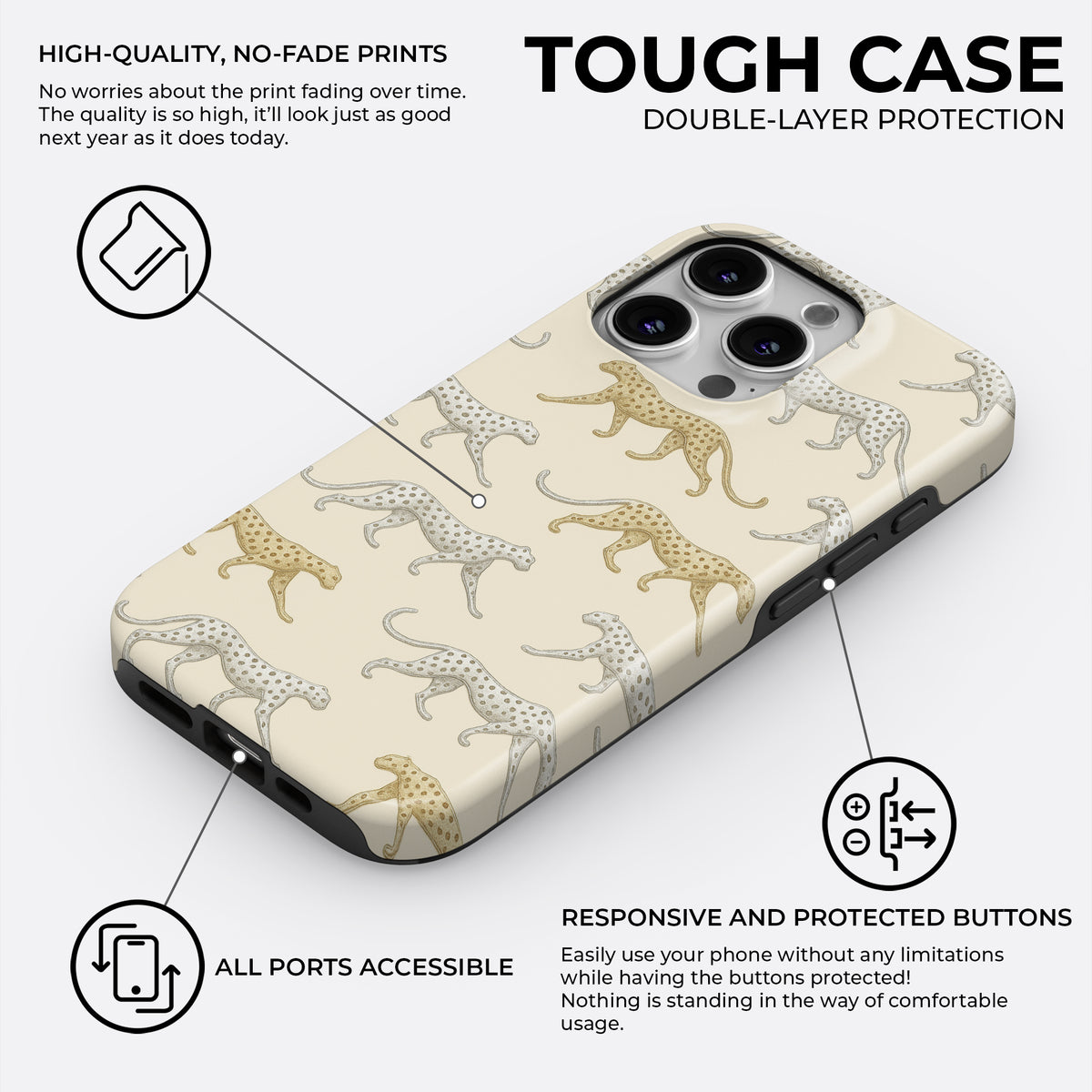 Leopard pattern tough phone case with double-layer protection, high-quality no-fade print, and responsive protected buttons by HaloCovers