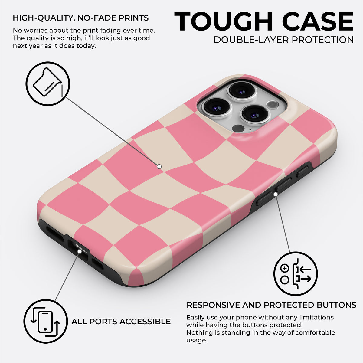 HaloCovers pink checkerboard tough case with wavy retro design, double-layer protection featuring hard plastic shell and silicone shock absorbing liner for durable phone protection