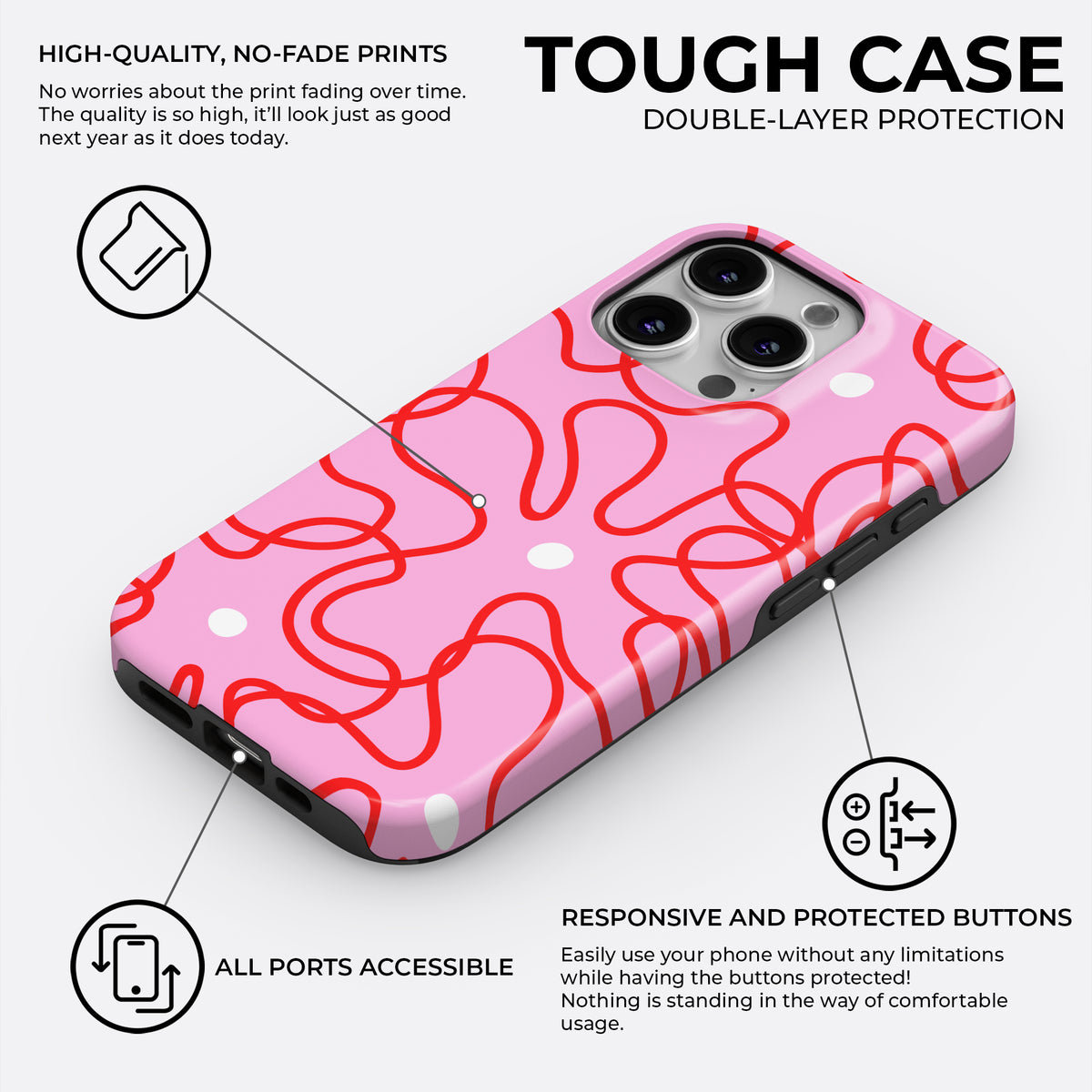 HaloCovers pink and red abstract squiggle tough phone case with white polka dots, double-layer protection with hard plastic shell and silicone shock-absorbing liner, compatible with iPhone, Samsung Galaxy, and Google Pixel