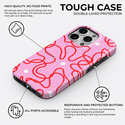 HaloCovers pink and red abstract squiggle tough phone case with white polka dots, double-layer protection with hard plastic shell and silicone shock-absorbing liner, compatible with iPhone, Samsung Galaxy, and Google Pixel