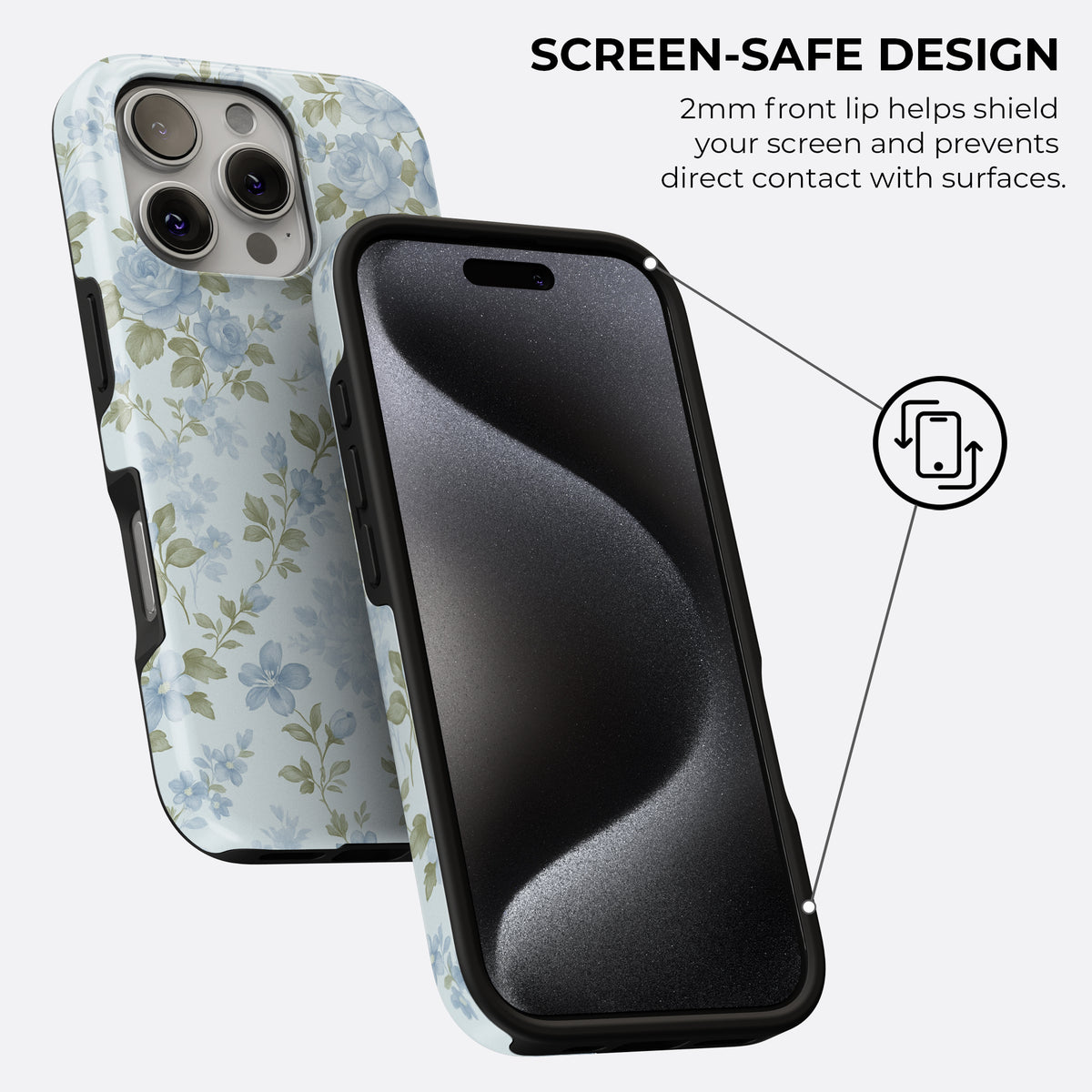 Vintage blue floral tough phone case with 2mm raised front lip for screen protection, showing elegant design and durable build by HaloCovers