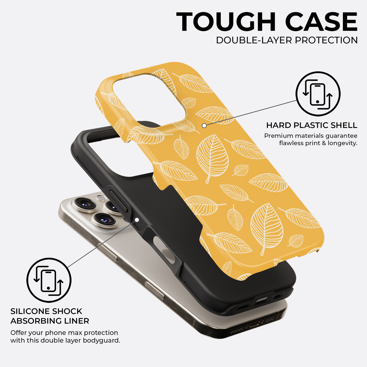 Yellow leaf tough phone case with hard plastic shell and silicone shock-absorbing liner for double-layer protection